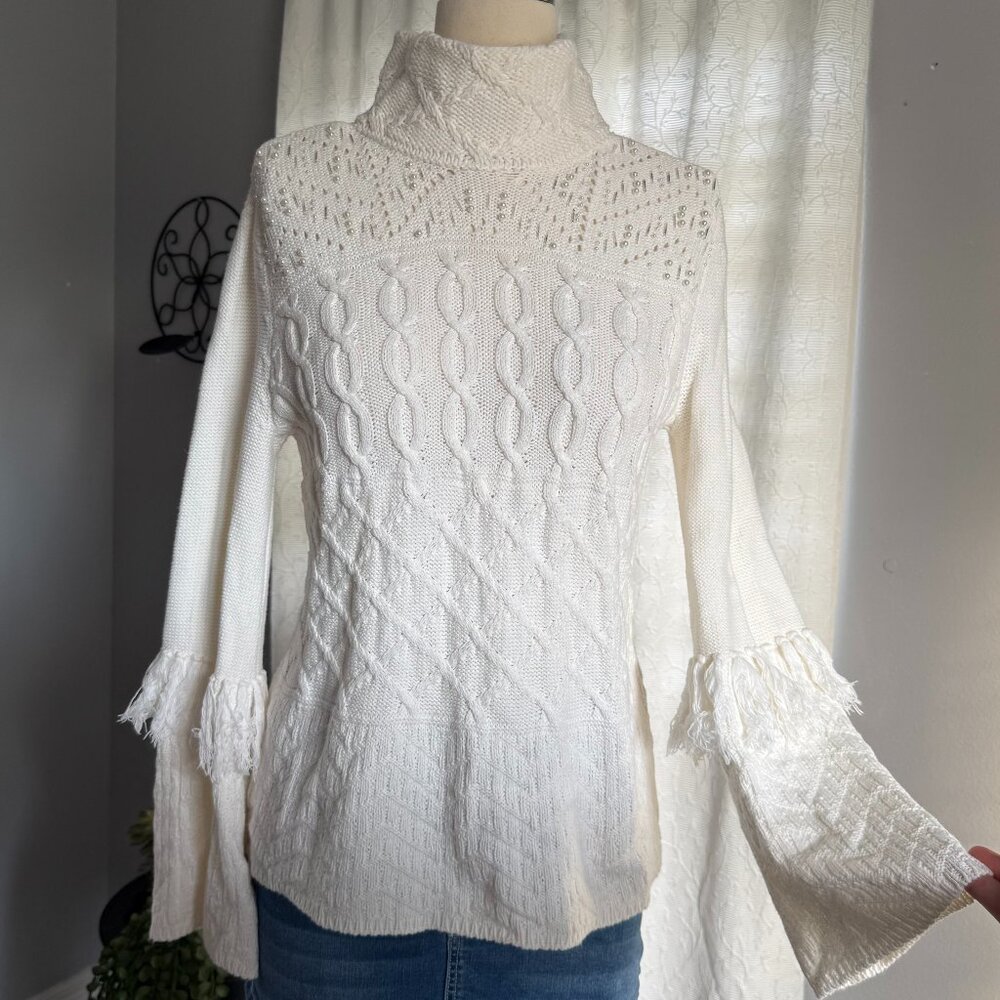 Insane Pearl Beaded Cable Knit Turtleneck Sweater